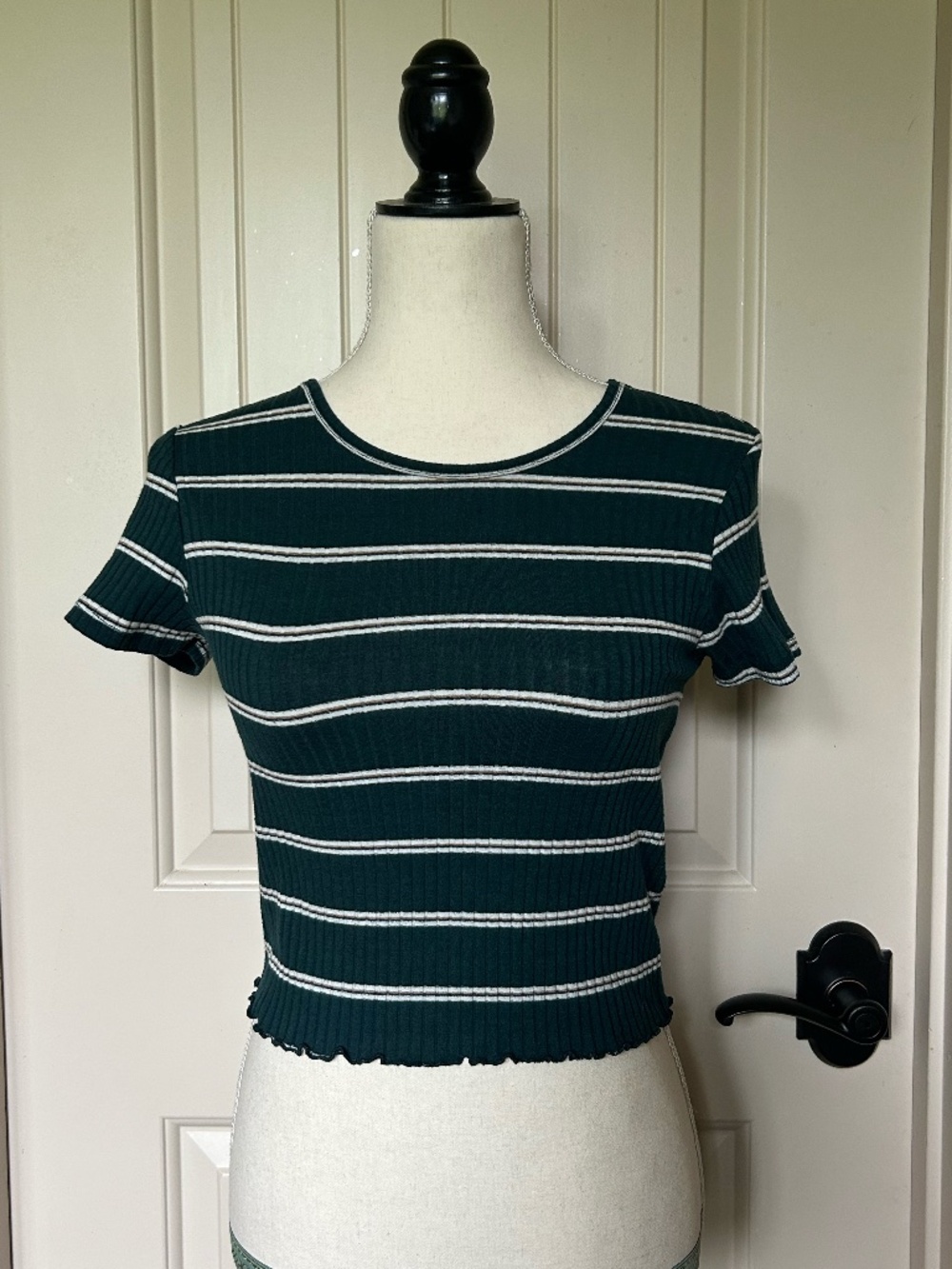 American Eagle Green Striped Ribbed Crop Top Small